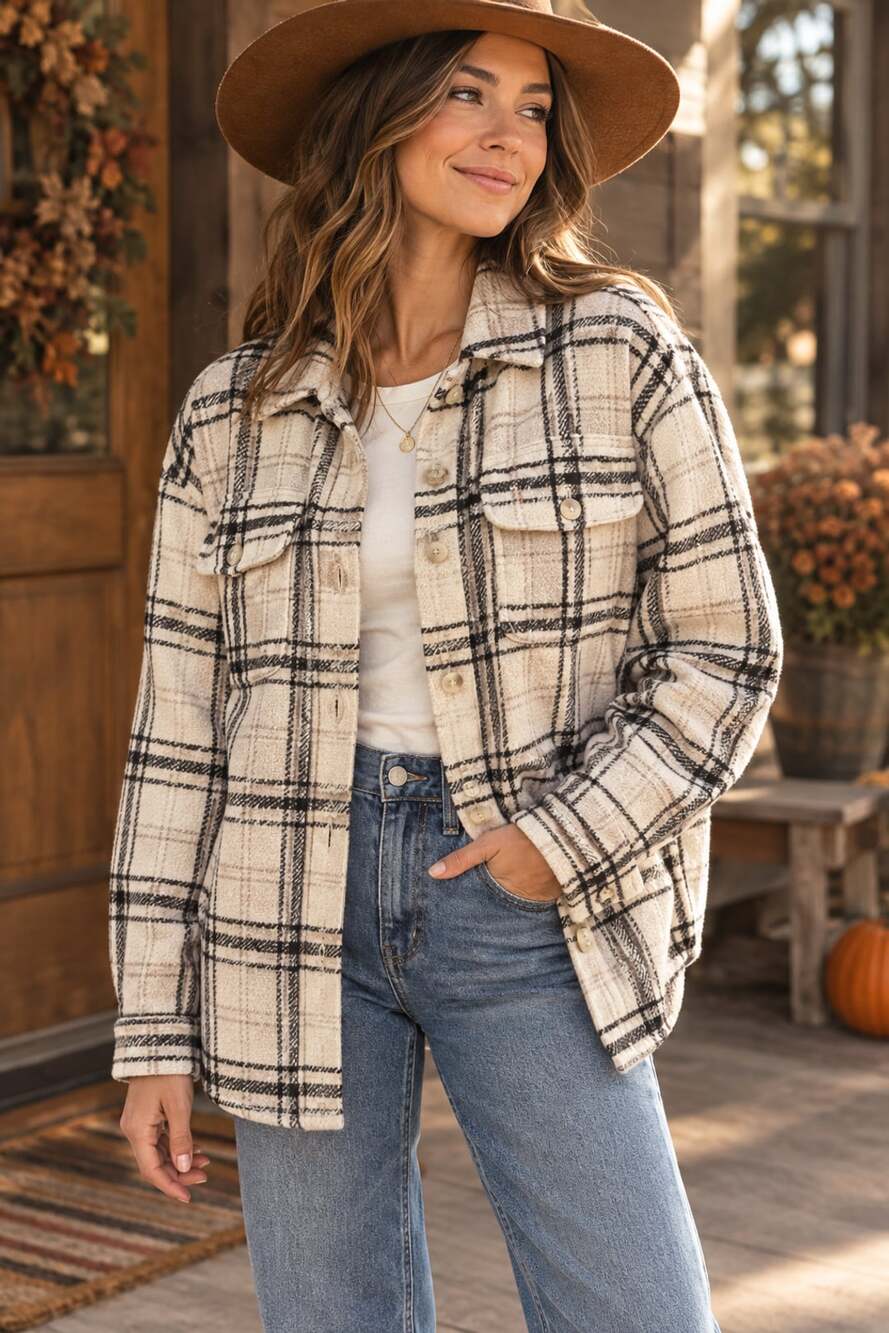 American Eagle Plaid Fleece Shacket Wms Oversized Small Off-White & Black Button